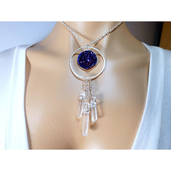Natural Rock Crystal Quartz Three Point Titanium Blue Quartz Silver Necklace - Picture 6 of 6